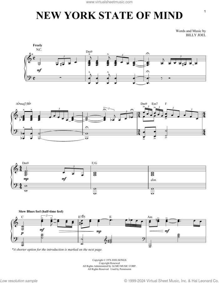 New York State Of Mind sheet music for voice and piano by Billy Joel, intermediate skill level
