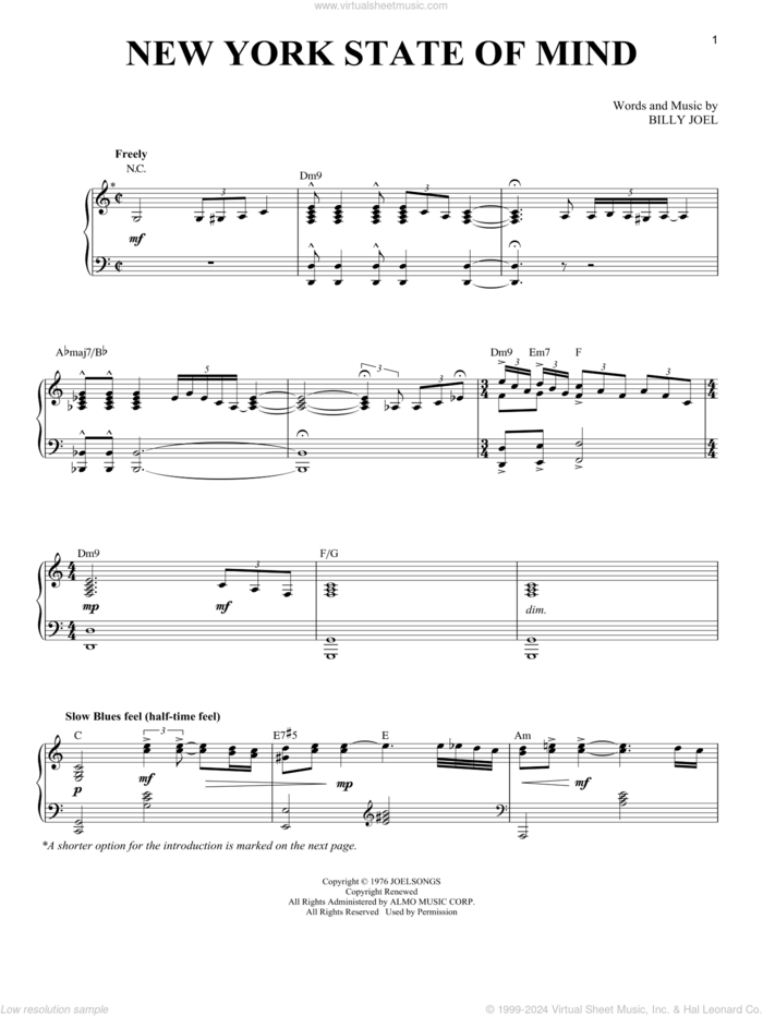 New York State Of Mind sheet music for voice and piano by Billy Joel, intermediate skill level