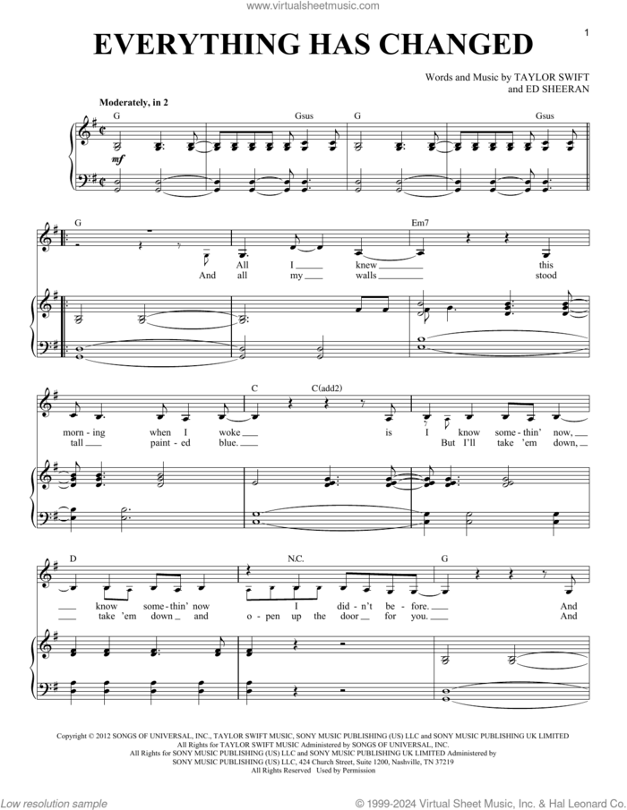 Everything Has Changed (feat. Ed Sheeran) sheet music for voice and piano by Taylor Swift and Ed Sheeran, intermediate skill level