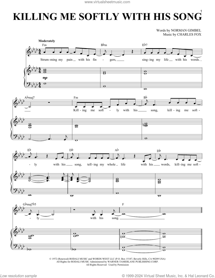 Killing Me Softly With His Song sheet music for voice and piano by Roberta Flack, The Fugees, Charles Fox and Norman Gimbel, intermediate skill level