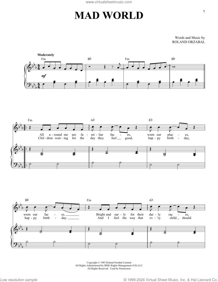 Mad World sheet music for voice and piano by Gary Jules, Adam Lambert, Tears For Fears and Roland Orzabal, intermediate skill level