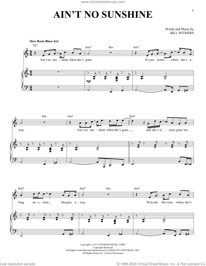 Ain't No Sunshine sheet music for voice and piano by Bill Withers, intermediate skill level