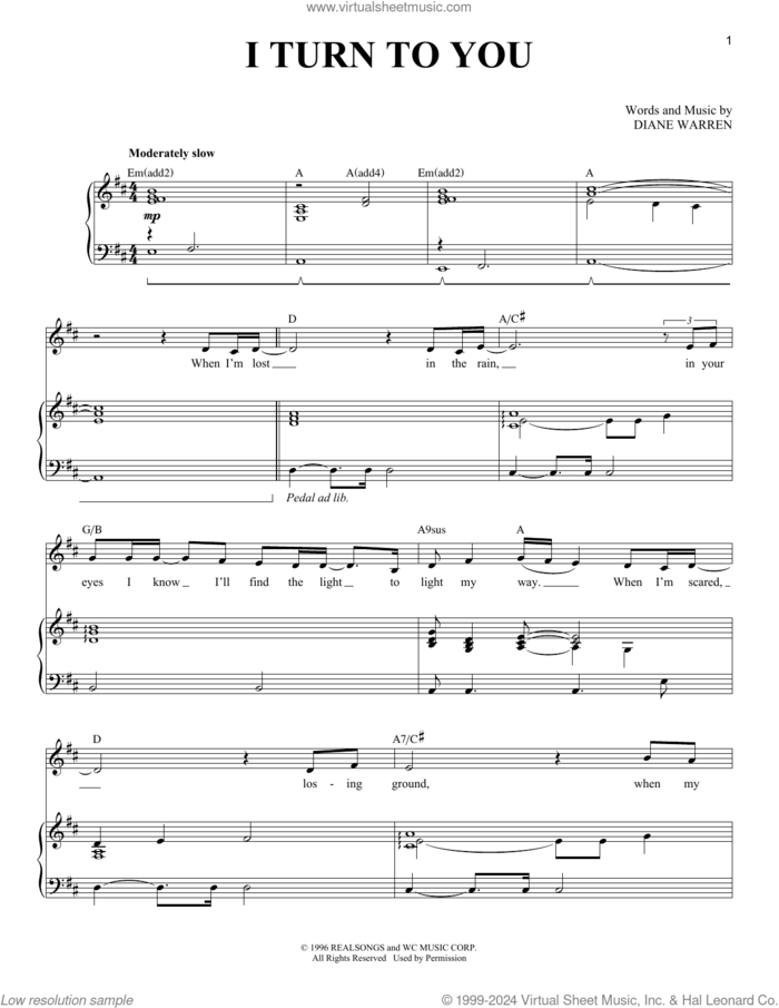 I Turn To You sheet music for voice and piano by Christina Aguilera and Diane Warren, intermediate skill level
