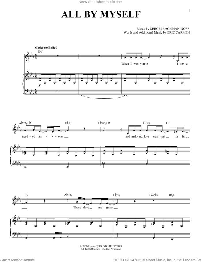 All By Myself sheet music for voice and piano by Celine Dion, Eric Carmen and Serjeij Rachmaninoff, intermediate skill level