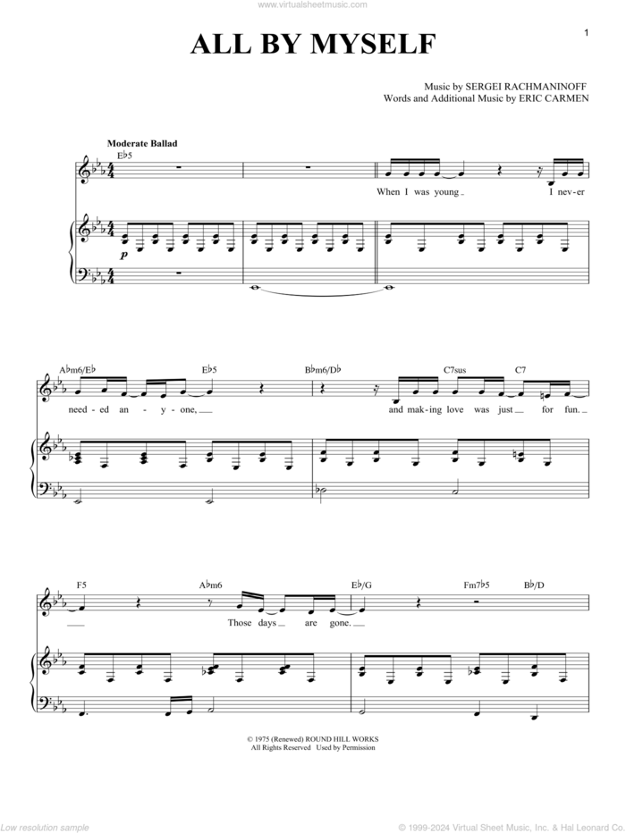 All By Myself sheet music for voice and piano by Celine Dion, Eric Carmen and Serjeij Rachmaninoff, intermediate skill level