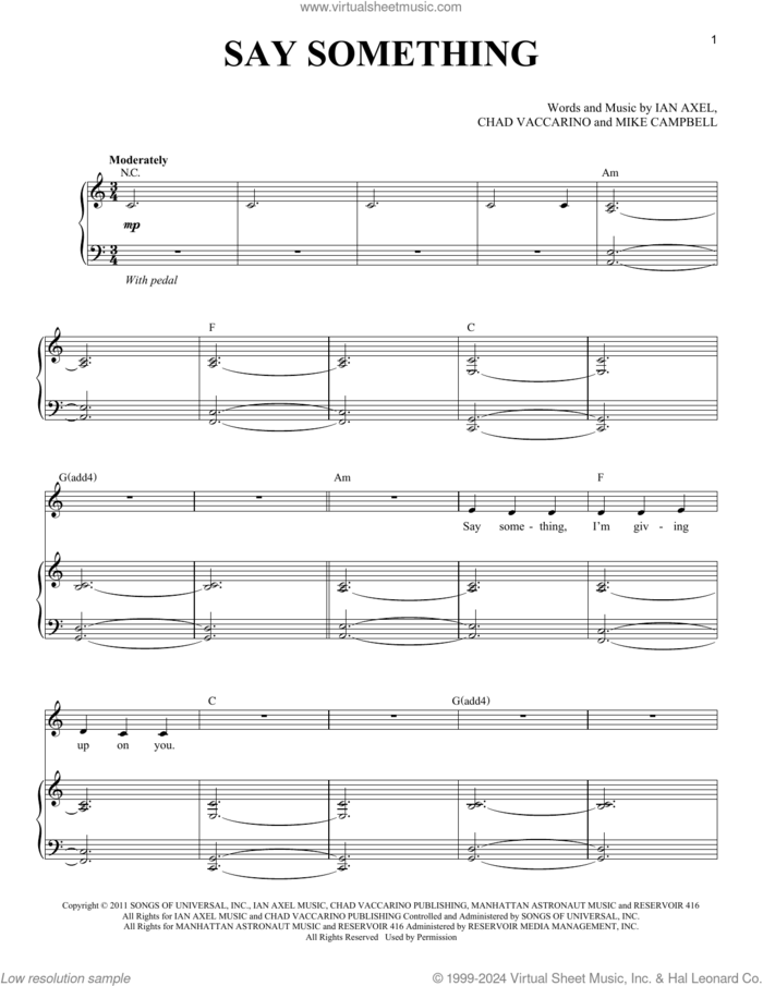 Say Something sheet music for voice and piano by A Great Big World, Chad Vaccarino, Ian Axel and Mike Campbell, intermediate skill level