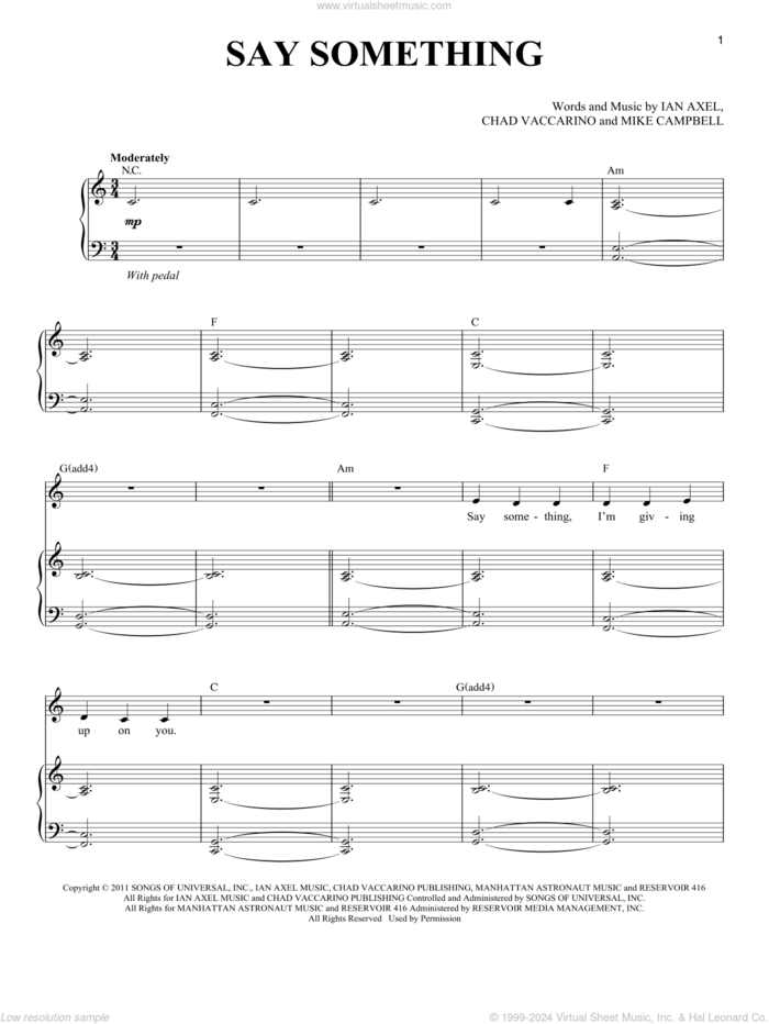 Say Something sheet music for voice and piano by A Great Big World, Chad Vaccarino, Ian Axel and Mike Campbell, intermediate skill level