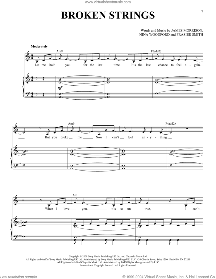 Broken Strings sheet music for voice and piano by James Morrison featuring Nelly Furtado, Nelly Furtado, Frasier Smith, James Morrison and Nina Woodford, intermediate skill level