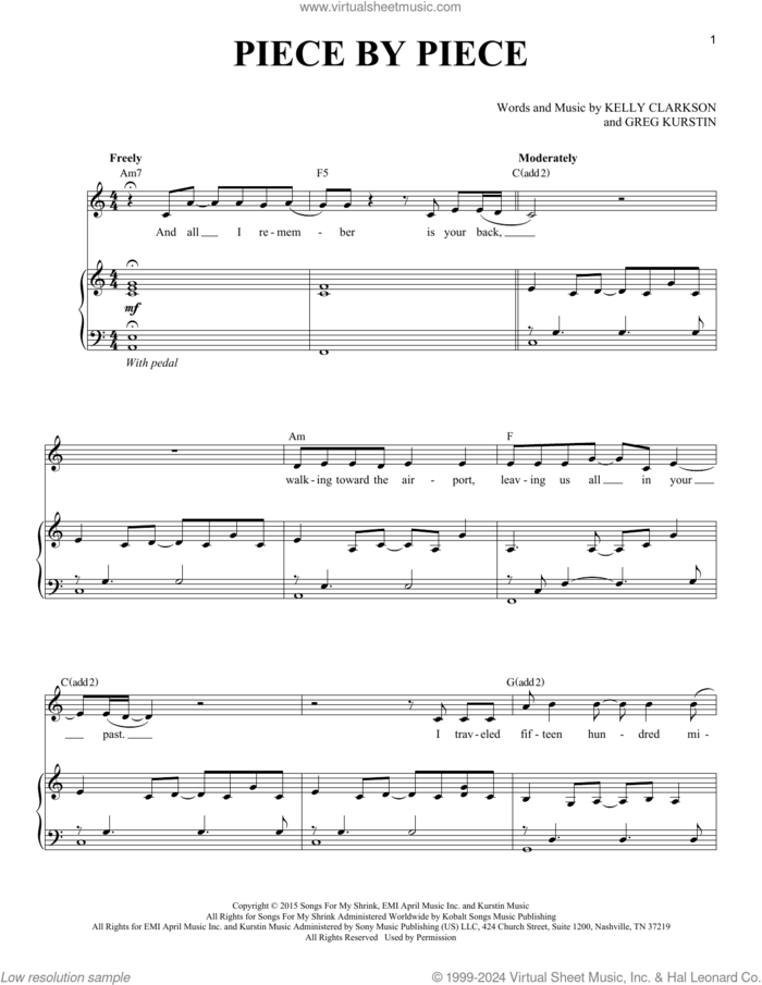 Piece By Piece sheet music for voice and piano by Kelly Clarkson and Greg Kurstin, intermediate skill level