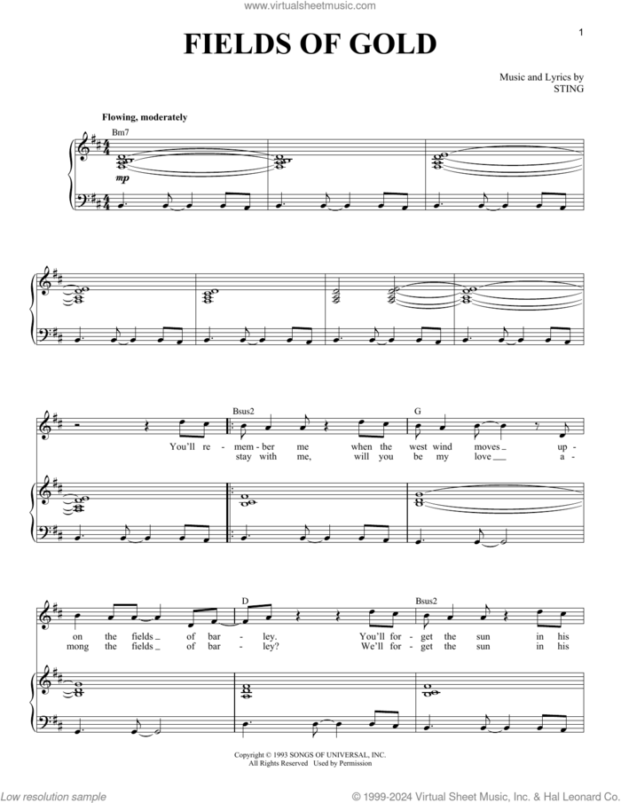 Fields Of Gold sheet music for voice and piano by Sting, intermediate skill level