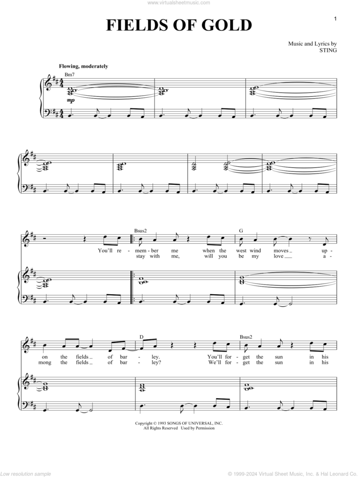 Fields Of Gold sheet music for voice and piano by Sting, intermediate skill level