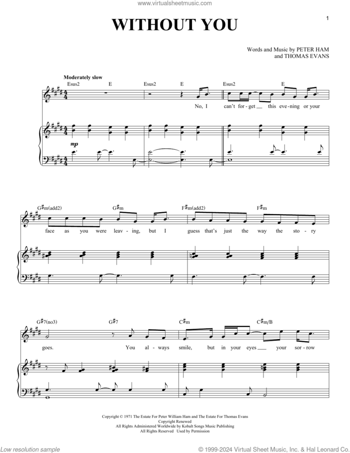 Without You sheet music for voice and piano by Air Supply, Mariah Carey, Nilsson, Pete Ham and Thomas Evans, intermediate skill level