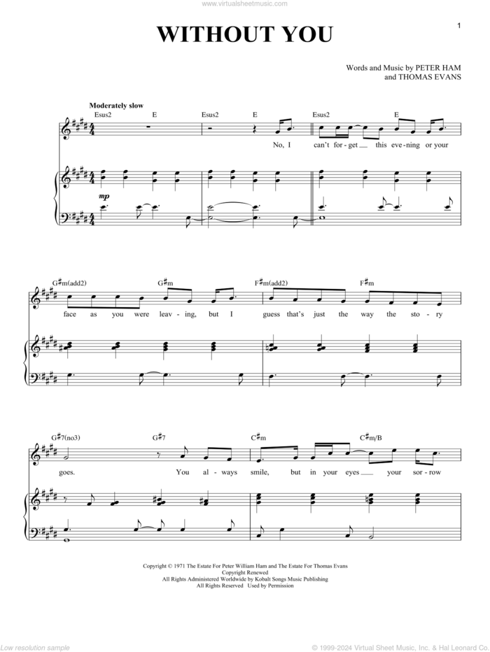 Without You sheet music for voice and piano by Air Supply, Mariah Carey, Nilsson, Pete Ham and Thomas Evans, intermediate skill level