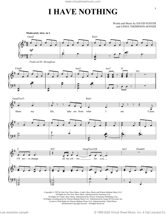 I Have Nothing sheet music for voice and piano by Whitney Houston, David Foster and Linda Thompson-Jenner, intermediate skill level