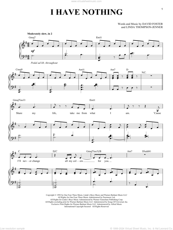 I Have Nothing sheet music for voice and piano by Whitney Houston, David Foster and Linda Thompson-Jenner, intermediate skill level