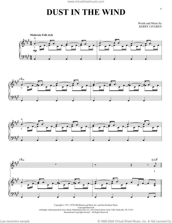 Dust In The Wind sheet music for voice and piano by Kansas and Kerry Livgren, intermediate skill level