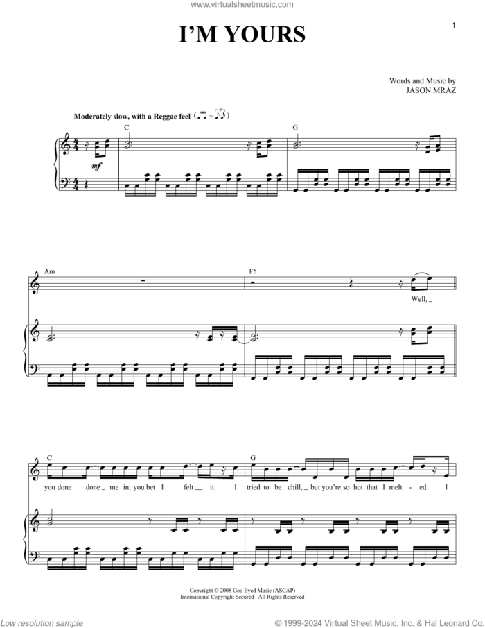 I'm Yours sheet music for voice and piano by Jason Mraz, wedding score, intermediate skill level