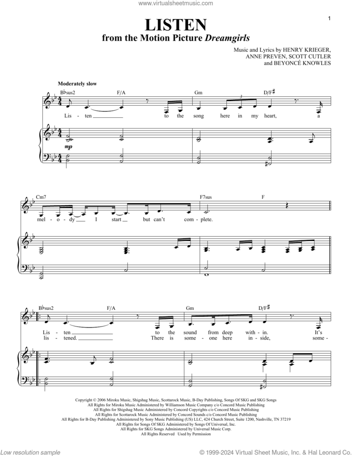 Listen (from Dreamgirls) sheet music for voice and piano by Beyonce, Anne Preven, Henry Krieger and Scott Cutler, intermediate skill level