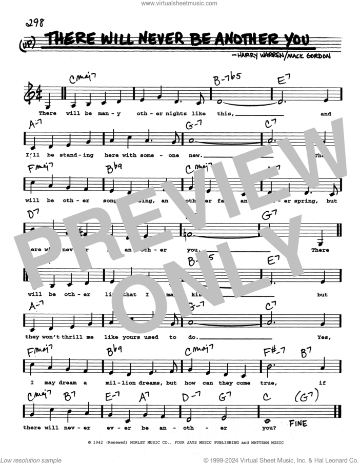 There Will Never Be Another You (Low Voice) sheet music for voice and other instruments (real book with lyrics) by Harry Warren and Mack Gordon, intermediate skill level