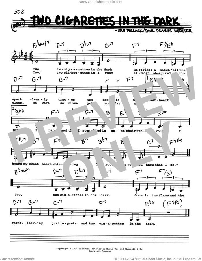 Two Cigarettes In The Dark (Low Voice) sheet music for voice and other instruments (real book with lyrics) by Paul Francis Webster and Lew Pollack, intermediate skill level