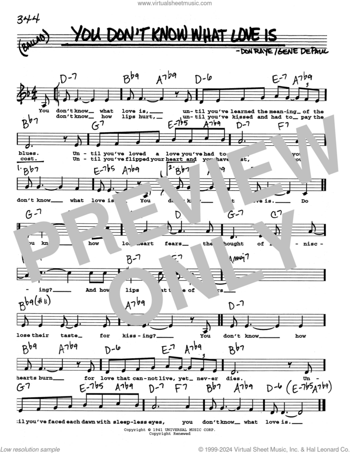 You Don't Know What Love Is (Low Voice) sheet music for voice and other instruments (real book with lyrics) by Carol Bruce, Don Raye and Gene DePaul, intermediate skill level