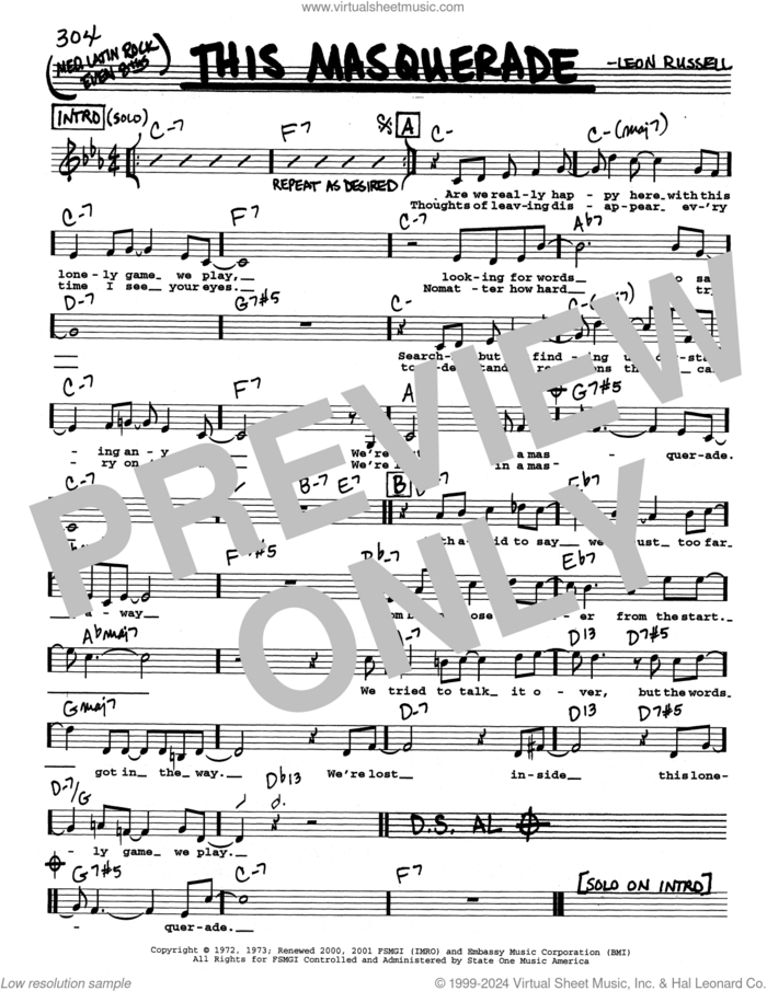 This Masquerade (Low Voice) sheet music for voice and other instruments (real book with lyrics) by George Benson and Leon Russell, intermediate skill level