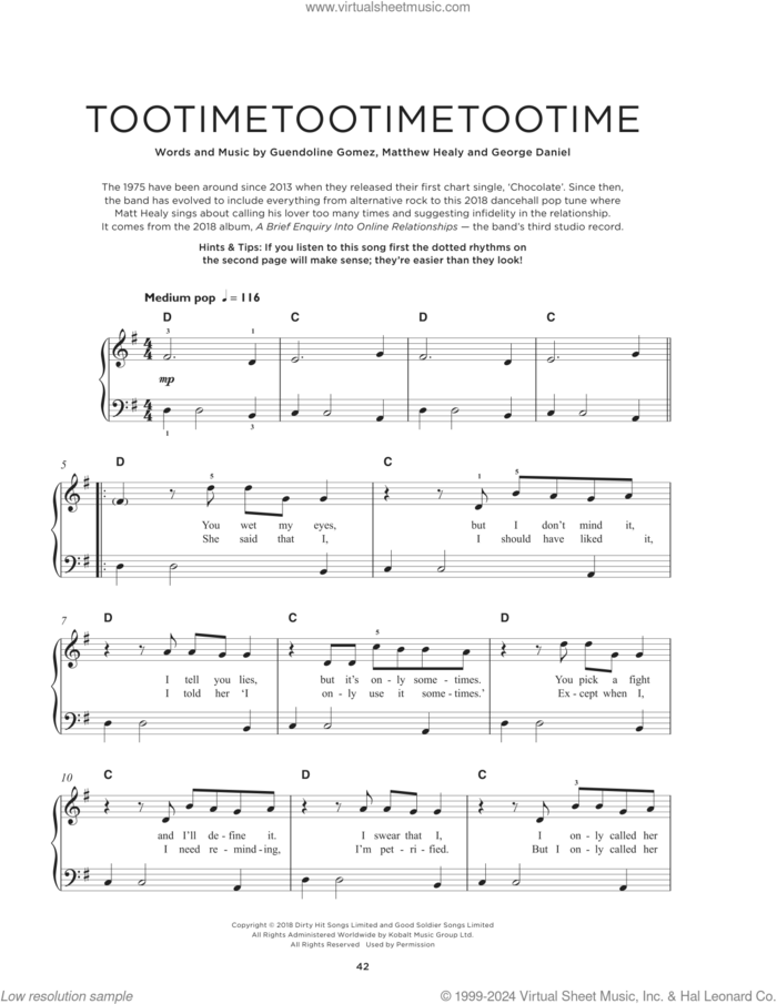 Tootimetootimetootime sheet music for piano solo by The 1975, George Daniel, Guendoline Gomez and Matthew Healy, beginner skill level