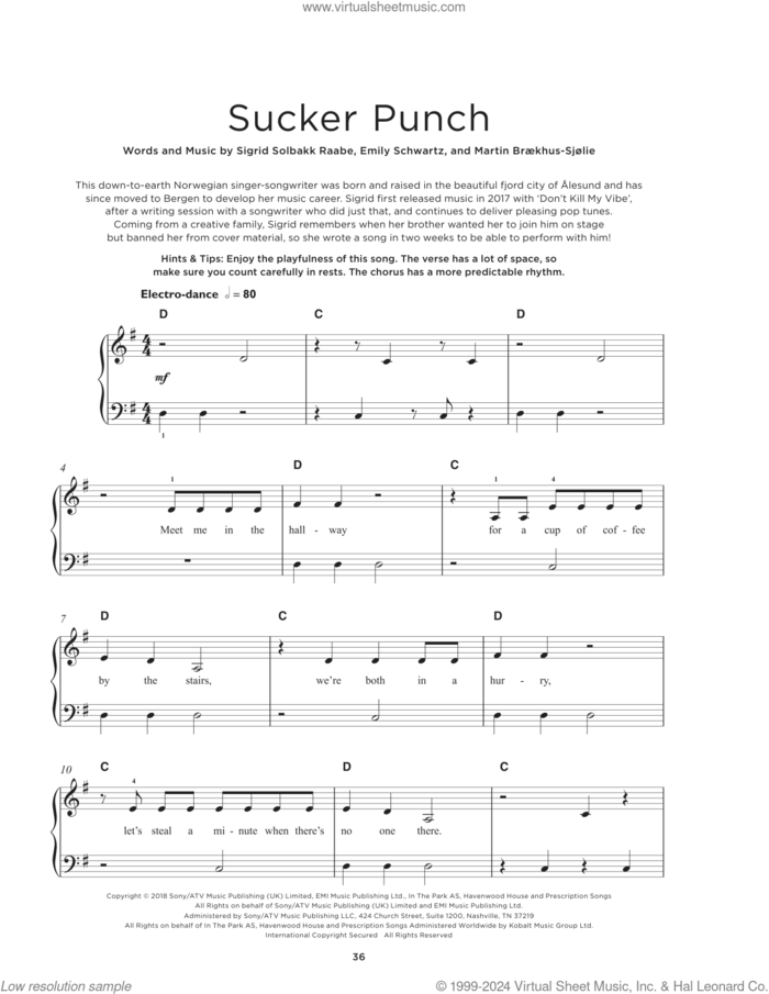 Sucker Punch sheet music for piano solo by Sigrid, Emily Schwartz, Martin Braekhus-sjolie and Sigrid Solbakk Raabe, beginner skill level