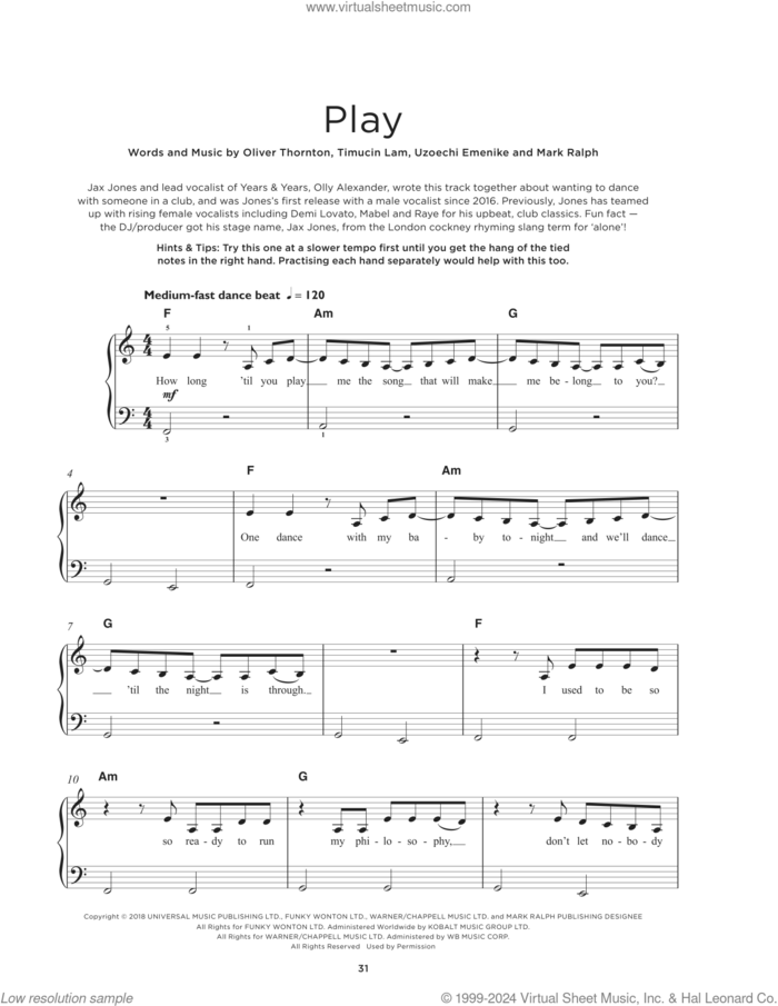 Play sheet music for piano solo by Jax Jones & Years & Years, Mark Ralph, Oliver Thornton, Timucin Lam and Uzoechi Emenike, beginner skill level