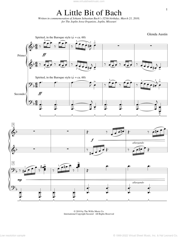 A Little Bit Of Bach sheet music for piano four hands by Glenda Austin, classical score, intermediate skill level
