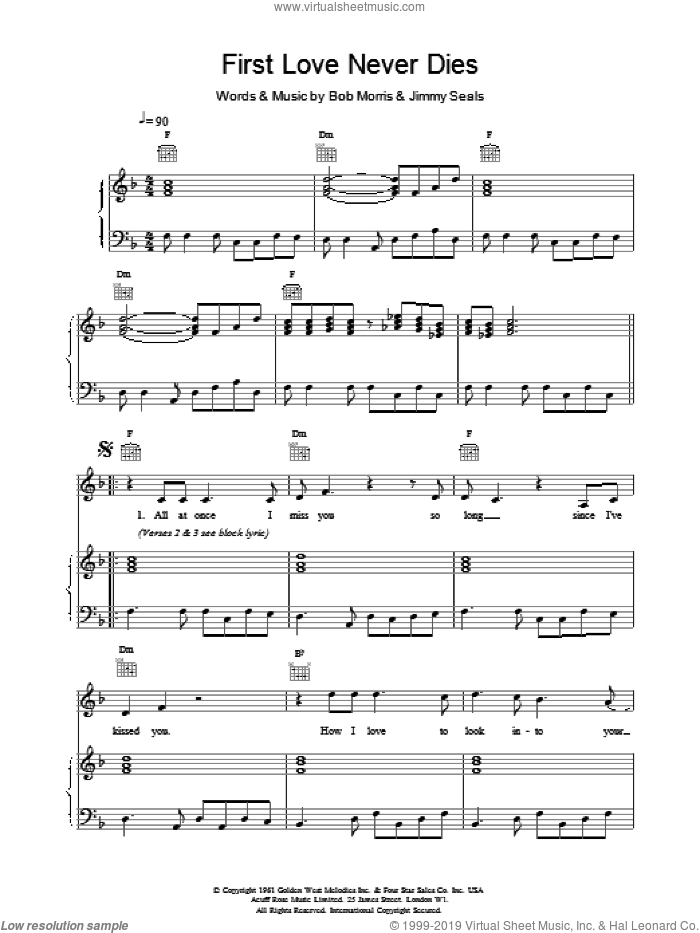 First Love Never Dies sheet music for voice, piano or guitar by Bob Morris, Scott Walker and Jimmy Seals, intermediate skill level