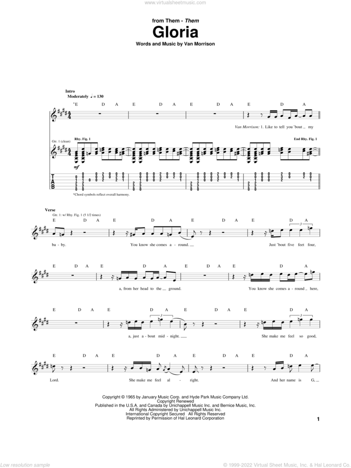 Gloria sheet music for guitar (tablature) by Them and Van Morrison, intermediate skill level