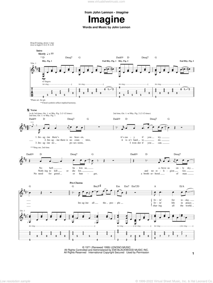 Imagine sheet music for guitar (tablature) by John Lennon and Miscellaneous, intermediate skill level
