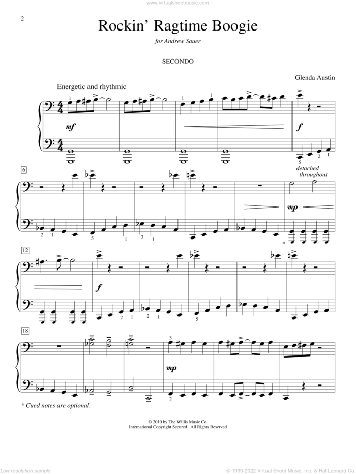 Rockin' Ragtime Boogie sheet music for piano four hands by Glenda Austin, intermediate skill level