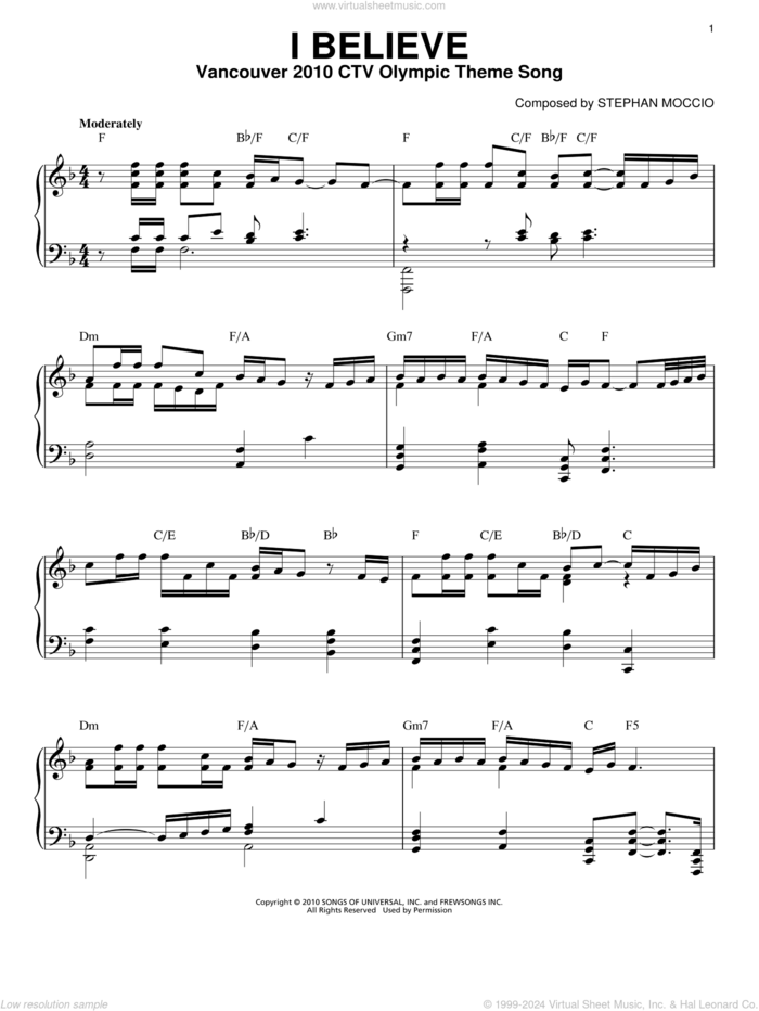 I Believe sheet music for piano solo by Stephan Moccio, Annie Villeneuve, Nikki Yanofsky and Alan Frew, intermediate skill level