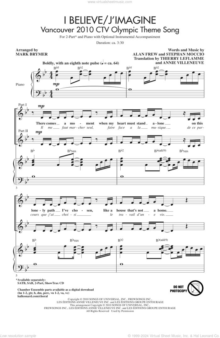 I Believe / J'Imagine sheet music for choir (2-Part) by Stephan Moccio, Alan Frew, Thierry Leflamme, Annie Villeneuve and Mark Brymer, intermediate duet