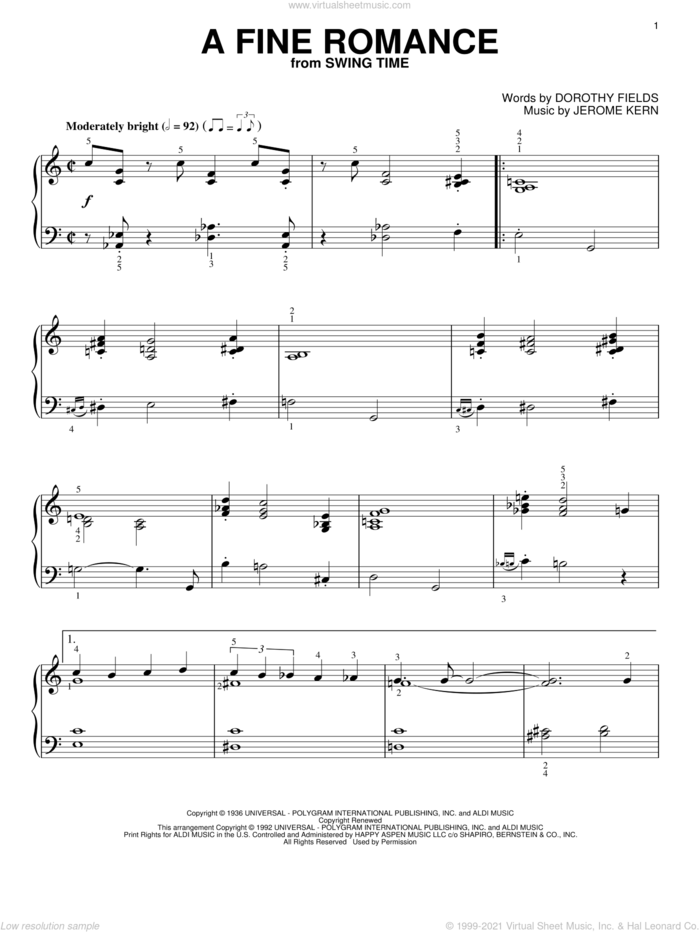 A Fine Romance sheet music for piano solo by Jerome Kern and Dorothy Fields, intermediate skill level