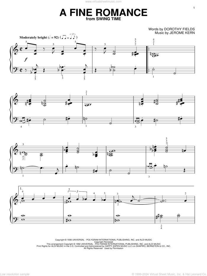 A Fine Romance, (intermediate) sheet music for piano solo by Jerome Kern and Dorothy Fields, intermediate skill level