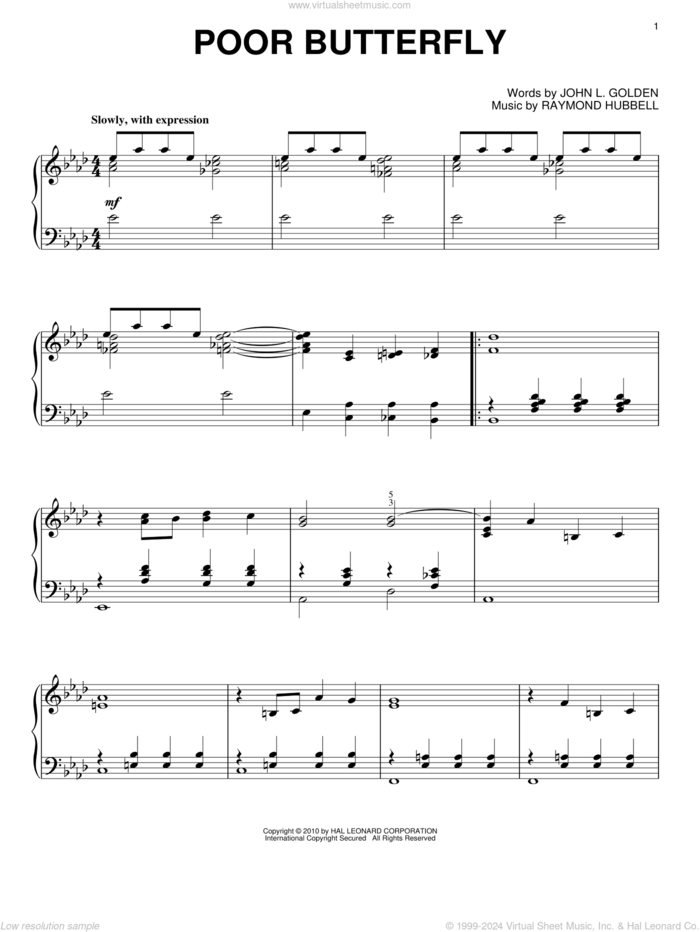 Poor Butterfly sheet music for piano solo by Raymond Hubbell and John L. Golden, intermediate skill level