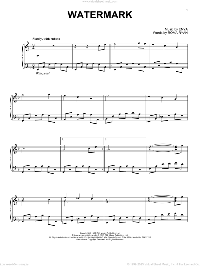 Watermark sheet music for piano solo by Enya and Roma Ryan, intermediate skill level