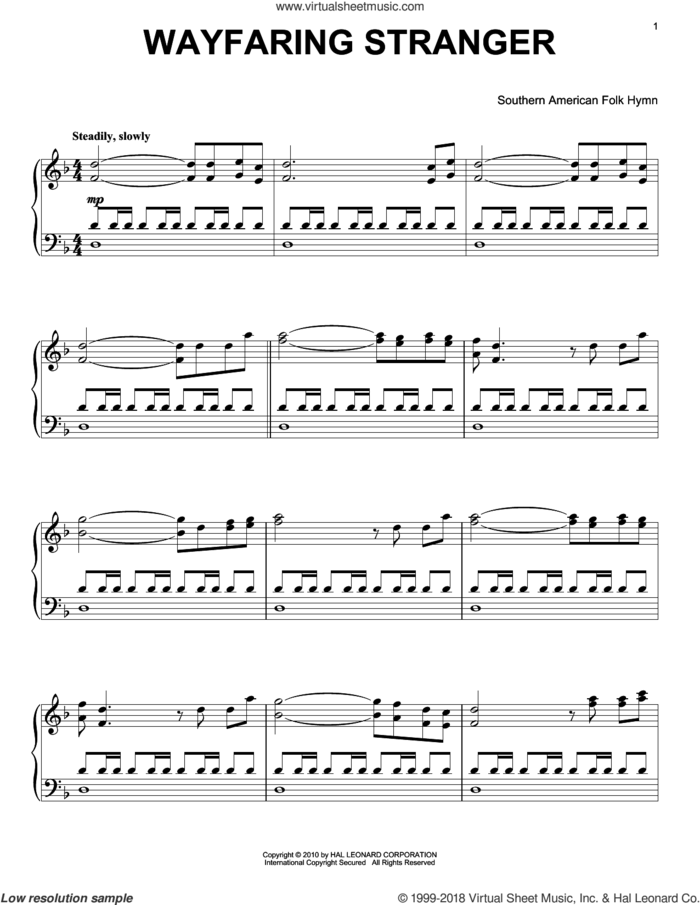 Wayfaring Stranger, (intermediate) sheet music for piano solo, intermediate skill level