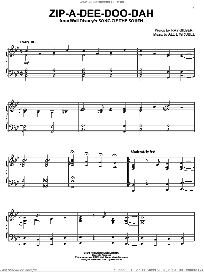 Zip-A-Dee-Doo-Dah (from Song Of The South), (intermediate) sheet music for piano solo by James Baskett, Allie Wrubel and Ray Gilbert, intermediate skill level
