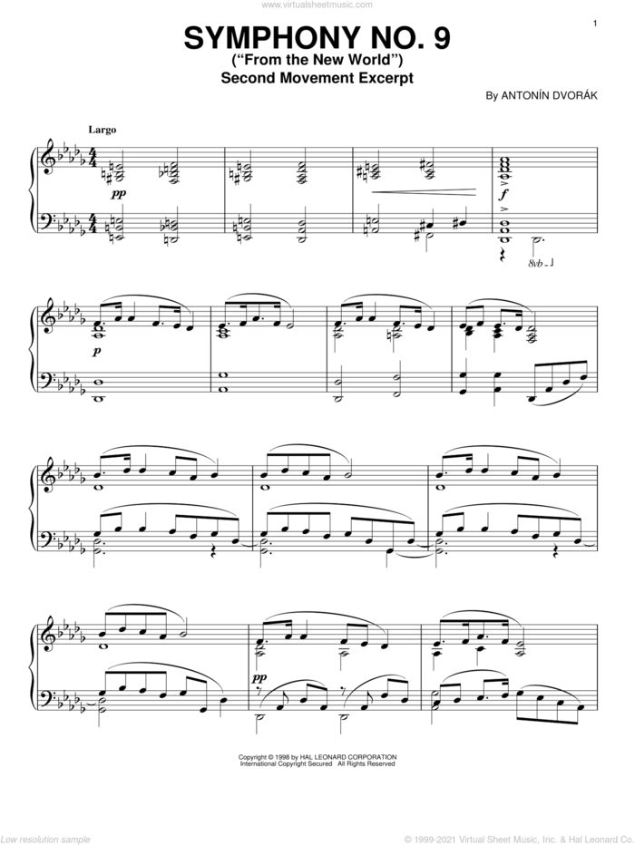 Symphony No. 9 In E Minor (From The New World), Second Movement Excerpt, (intermediate) sheet music for piano solo by Antonin Dvorak, classical score, intermediate skill level