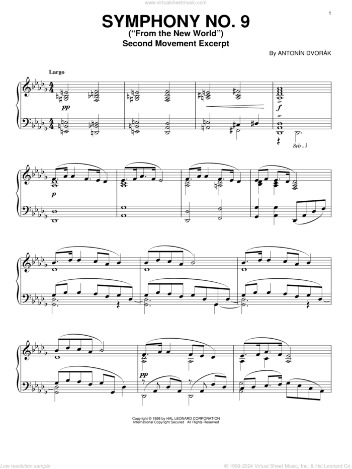 Symphony No. 9 In E Minor (From The New World), Second Movement Excerpt, (intermediate) sheet music for piano solo by Antonin Dvorak, classical score, intermediate skill level