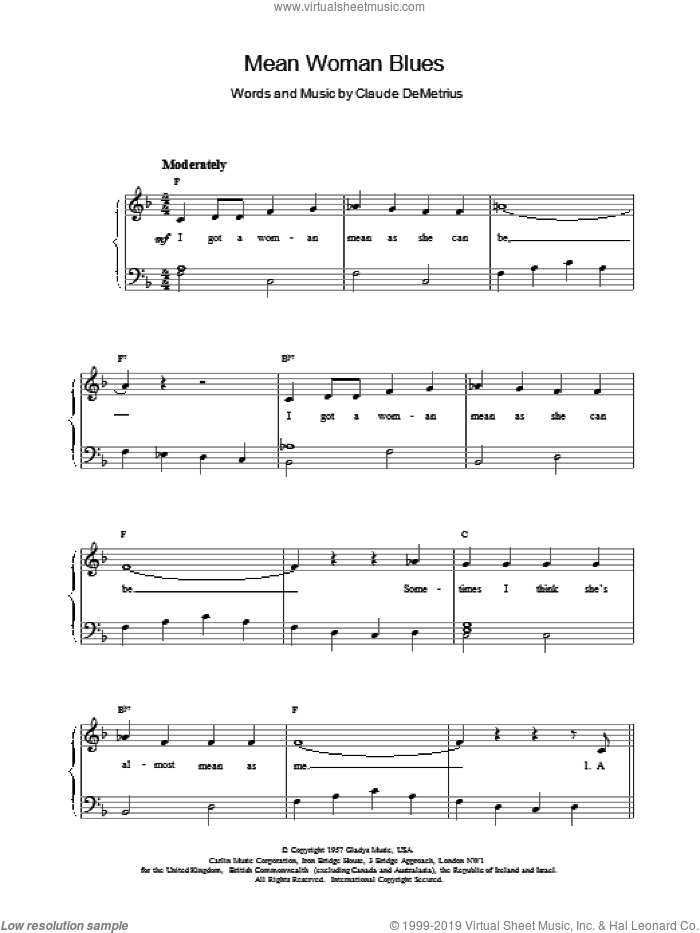 Mean Woman Blues sheet music for piano solo by Elvis Presley and Claude DeMetruis, easy skill level