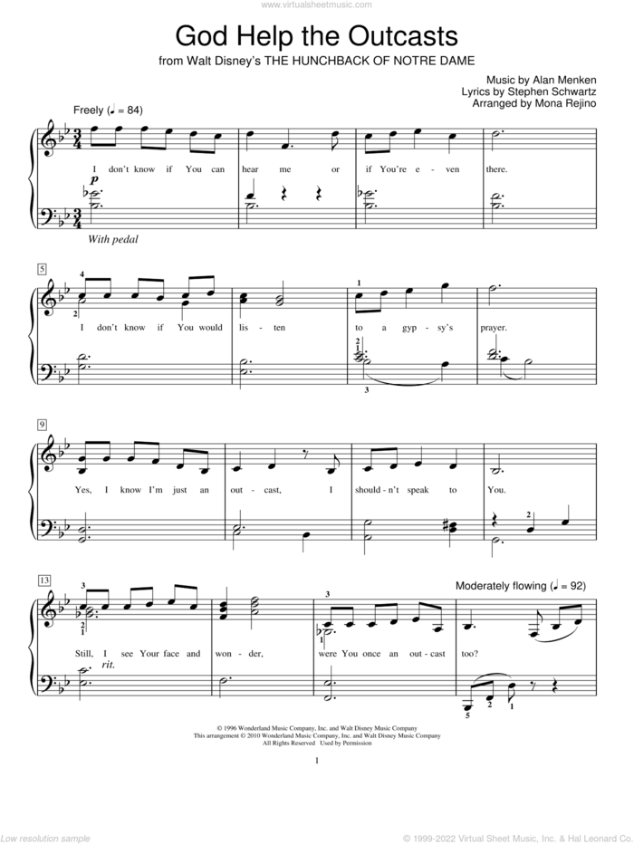 God Help The Outcasts (from The Hunchback Of Notre Dame) sheet music for piano solo (elementary) by Bette Midler, Mona Rejino, Miscellaneous, Alan Menken and Stephen Schwartz, beginner piano (elementary)