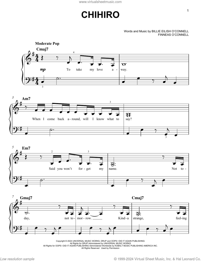 CHIHIRO sheet music for piano solo by Billie Eilish, easy skill level
