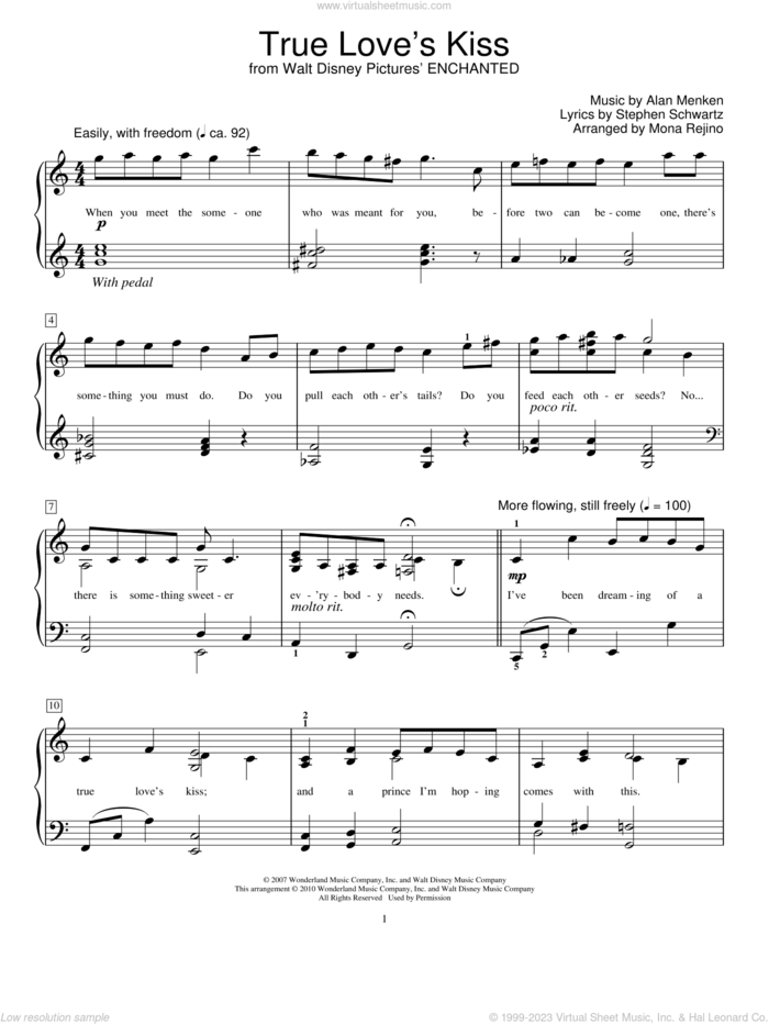 True Love's Kiss (from Enchanted) (arr. Mona Rejino) sheet music for piano solo (elementary) by Amy Adams, Mona Rejino, Enchanted (Movie), Miscellaneous, Alan Menken and Stephen Schwartz, beginner piano (elementary)