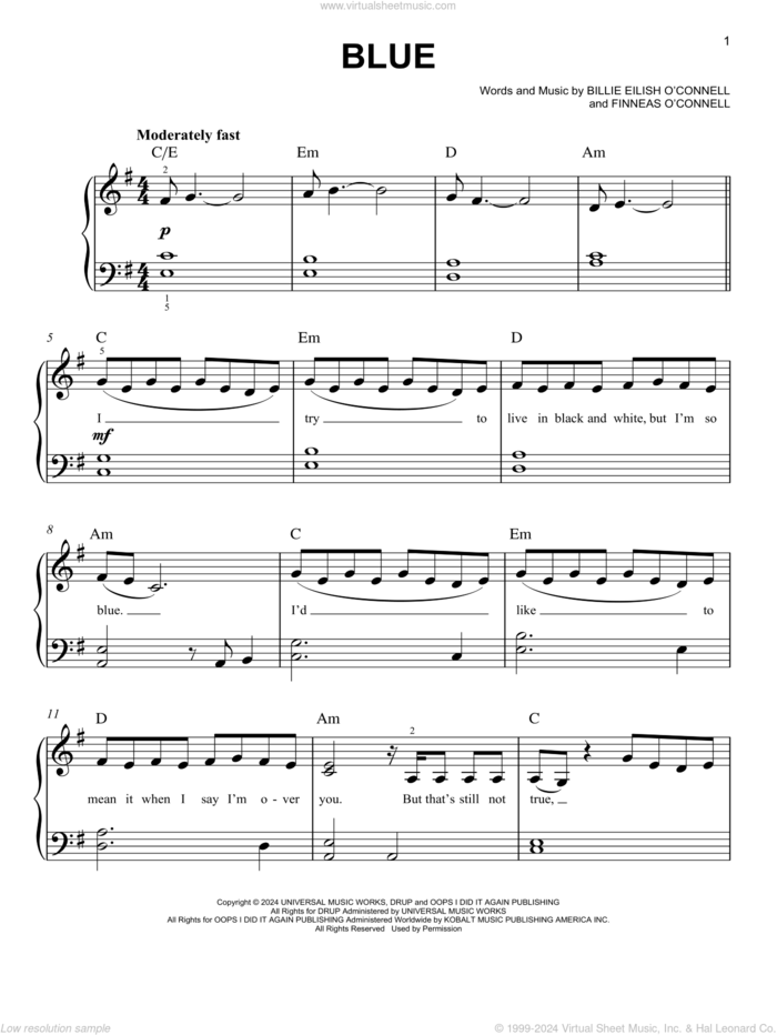 BLUE sheet music for piano solo by Billie Eilish, easy skill level