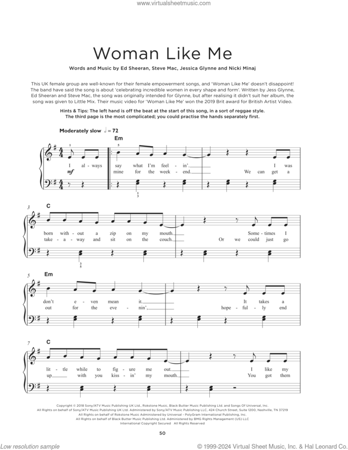 Woman Like Me (feat. Nicki Minaj) sheet music for piano solo by Little Mix, Ed Sheeran, Jessica Glynne, Nicki Minaj and Steve Mac, beginner skill level